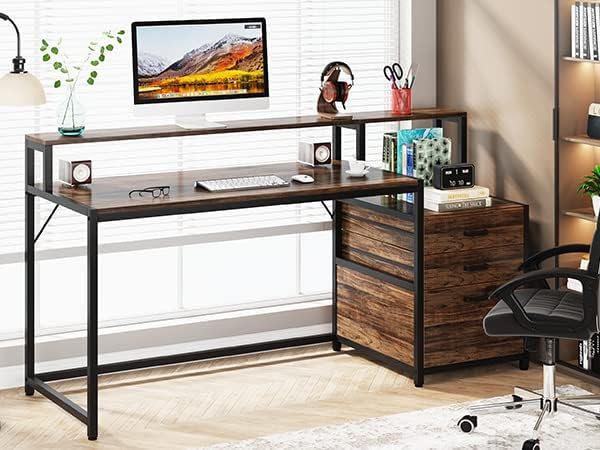 63 Inch Computer Desk with File Drawer Cabinet, Ergonomic Desk