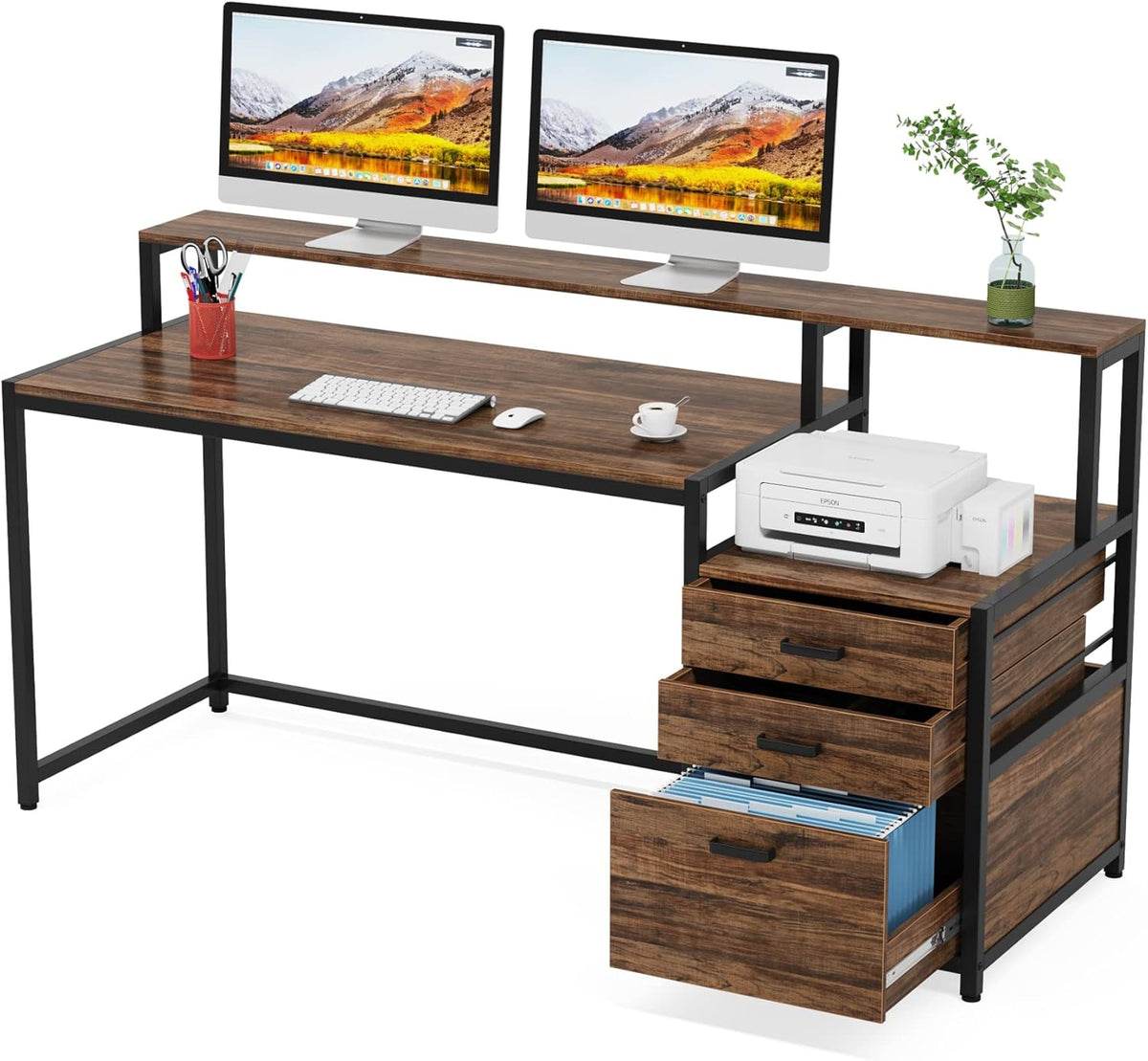 63 Inch Computer Desk with File Drawer Cabinet, Ergonomic Desk