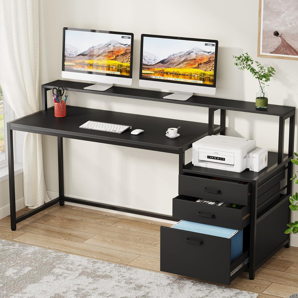 63 Inch Computer Desk with File Drawer Cabinet, Ergonomic Desk