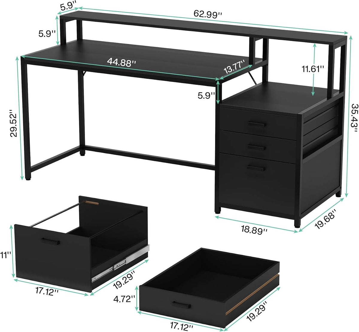 63 Inch Computer Desk with File Drawer Cabinet, Ergonomic Desk