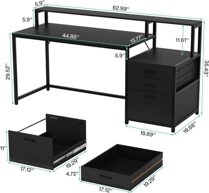 63 Inch Computer Desk with File Drawer Cabinet, Ergonomic Desk