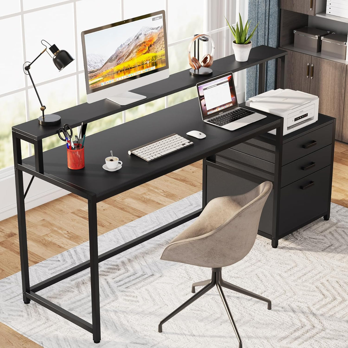 63 Inch Computer Desk with File Drawer Cabinet, Ergonomic Desk