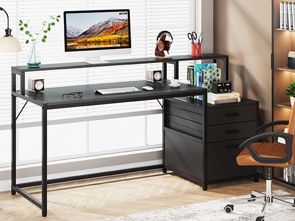 63 Inch Computer Desk with File Drawer Cabinet, Ergonomic Desk