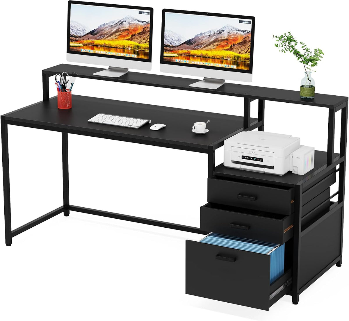 63 Inch Computer Desk with File Drawer Cabinet, Ergonomic Desk