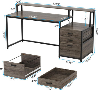 63 Inch Computer Desk with File Drawer Cabinet, Ergonomic Desk