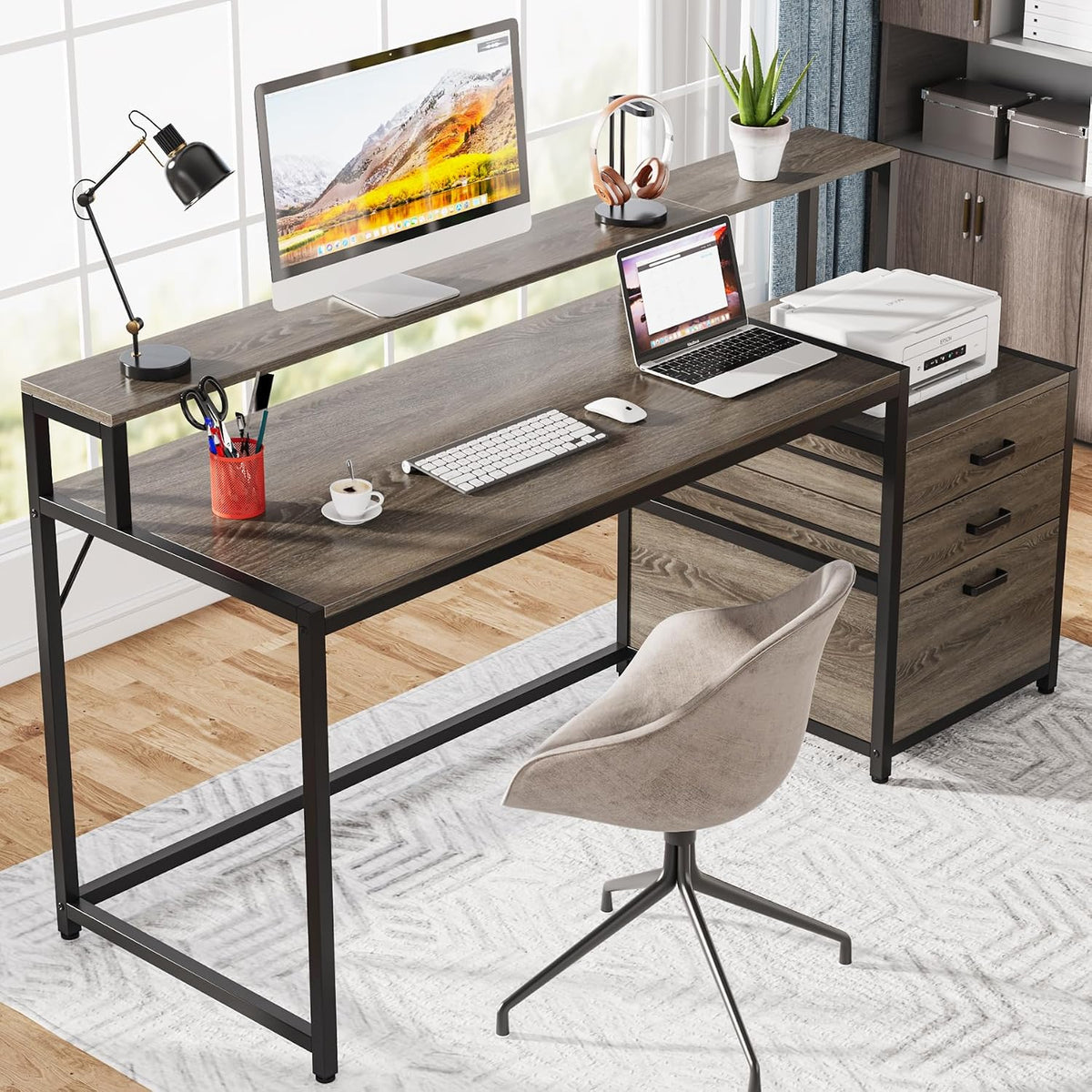 63 Inch Computer Desk with File Drawer Cabinet, Ergonomic Desk