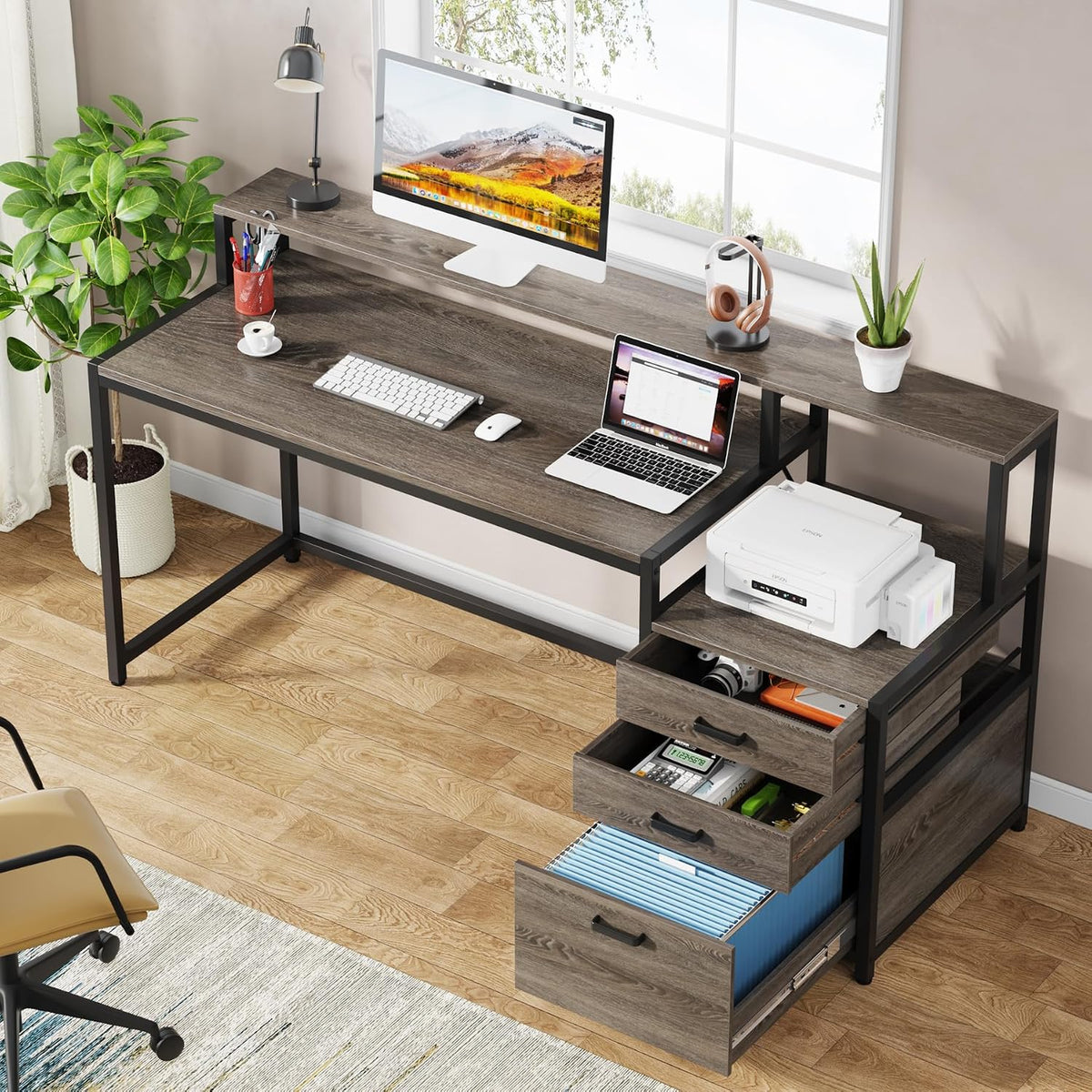 63 Inch Computer Desk with File Drawer Cabinet, Ergonomic Desk