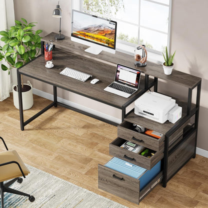 63 Inch Computer Desk with File Drawer Cabinet, Ergonomic Desk