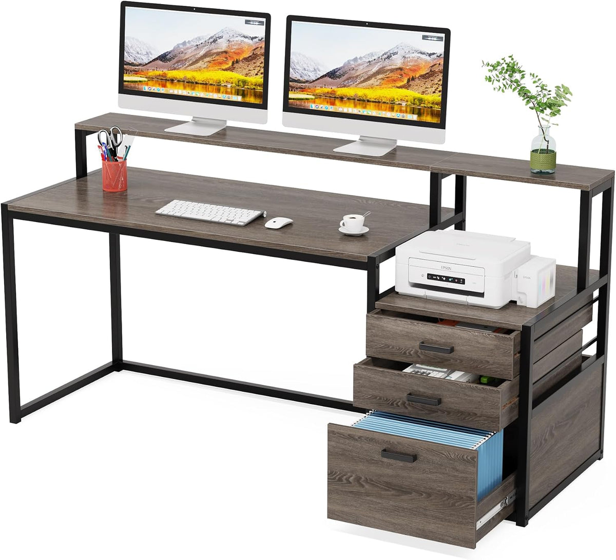63 Inch Computer Desk with File Drawer Cabinet, Ergonomic Desk