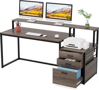 63 Inch Computer Desk with File Drawer Cabinet, Ergonomic Desk