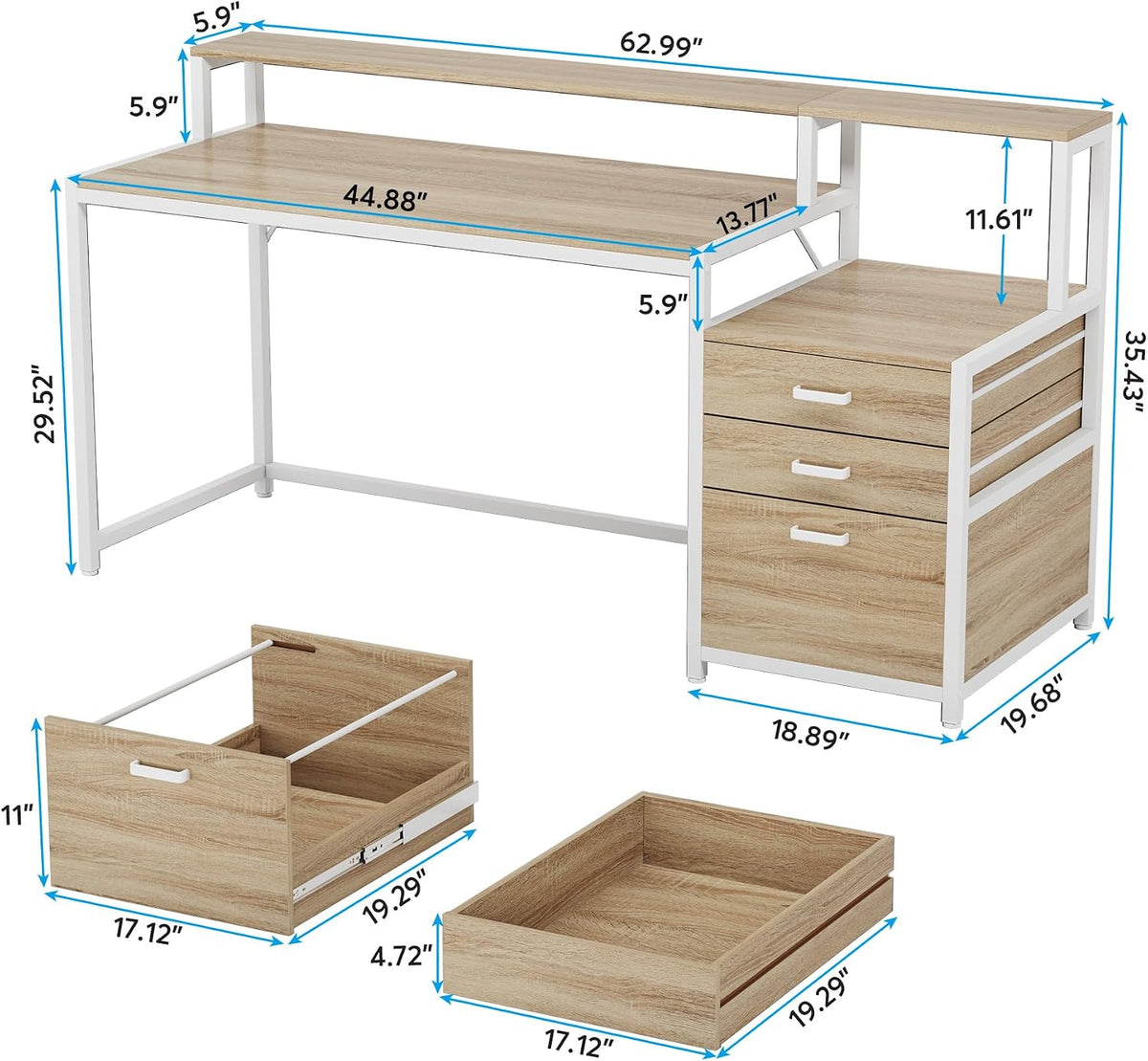 63 Inch Computer Desk with File Drawer Cabinet, Ergonomic Desk