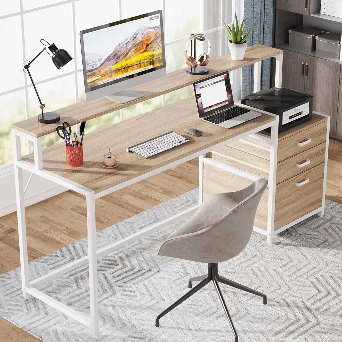 63 Inch Computer Desk with File Drawer Cabinet, Ergonomic Desk