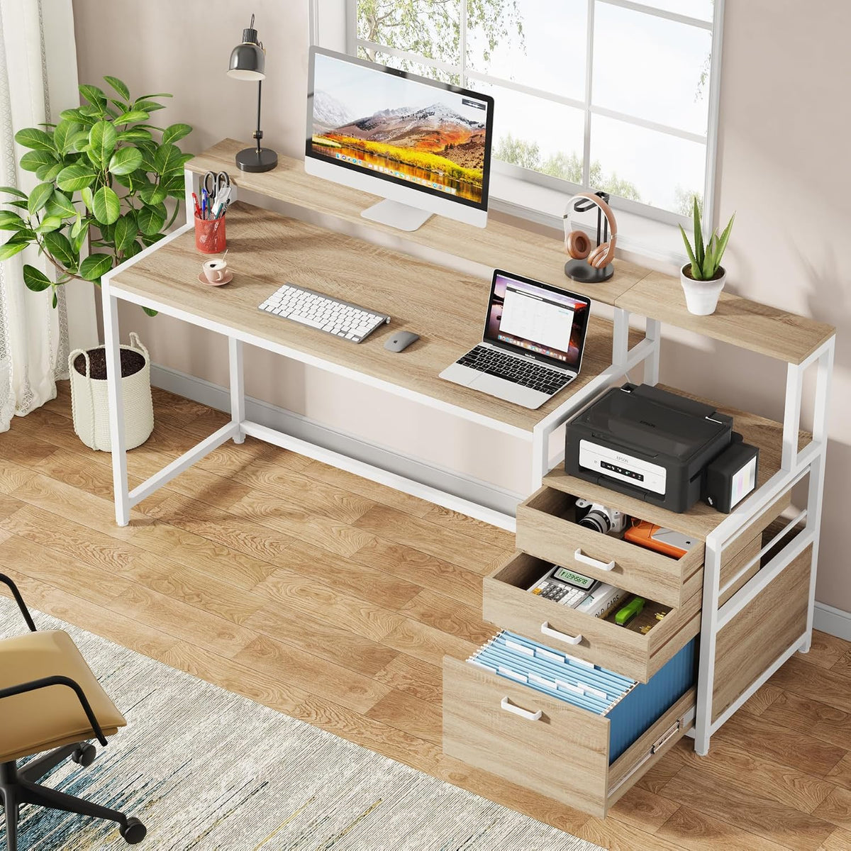 63 Inch Computer Desk with File Drawer Cabinet, Ergonomic Desk