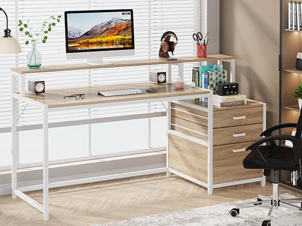 63 Inch Computer Desk with File Drawer Cabinet, Ergonomic Desk