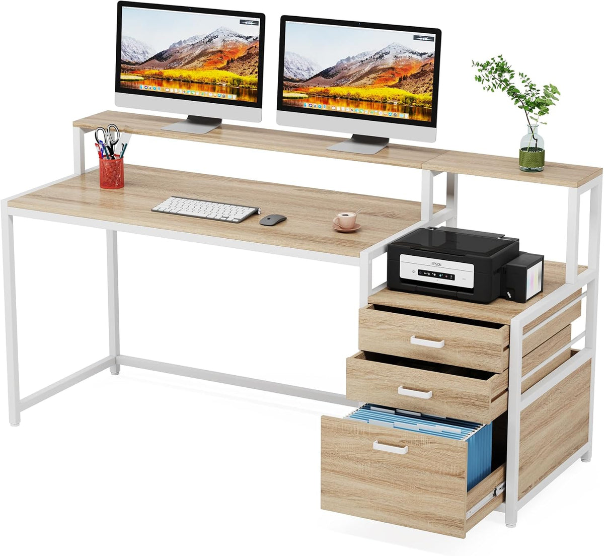 63 Inch Computer Desk with File Drawer Cabinet, Ergonomic Desk