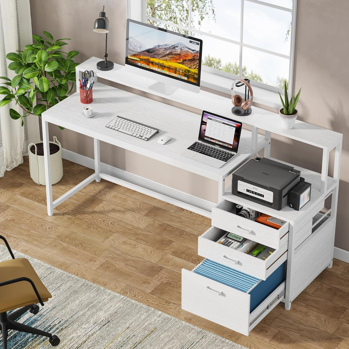 63 Inch Computer Desk with File Drawer Cabinet, Ergonomic Desk