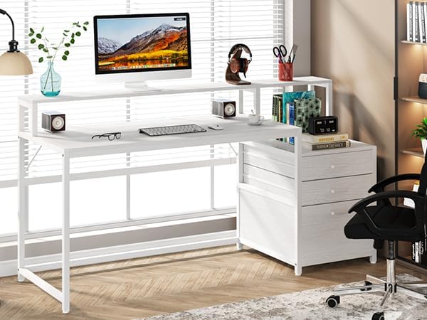 63 Inch Computer Desk with File Drawer Cabinet, Ergonomic Desk