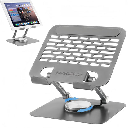 Adjustable Tablet Stand with 360 Rotating Base, Aluminum Dual-Rod Support, Compatible with iPad Pro/Air/Mini, Smartphones and E-Readers, Silver Grey