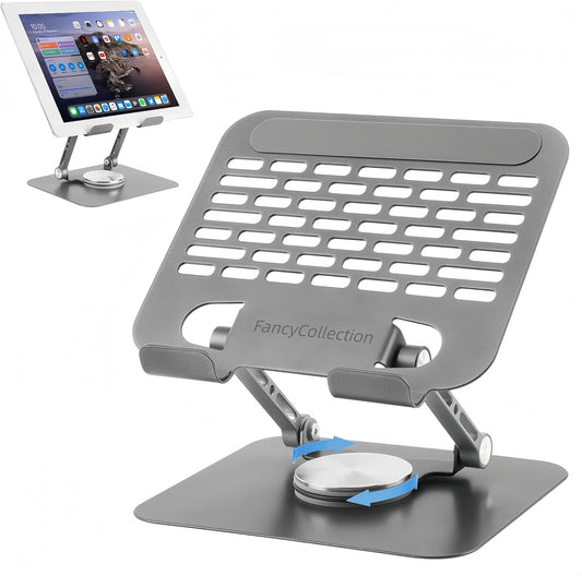 Adjustable Tablet Stand with 360 Rotating Base, Aluminum Dual-Rod Support, Compatible with iPad Pro/Air/Mini, Smartphones and E-Readers, Silver Grey