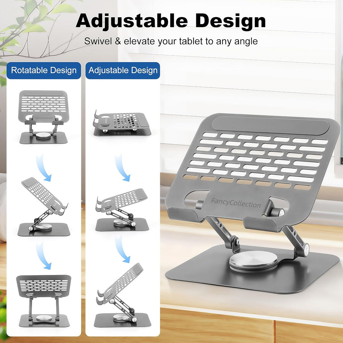 Adjustable Tablet Stand with 360 Rotating Base, Aluminum Dual-Rod Support, Compatible with iPad Pro/Air/Mini, Smartphones and E-Readers, Silver Grey