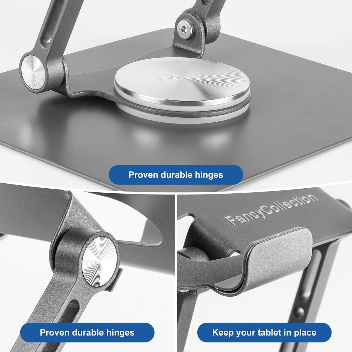 Adjustable Tablet Stand with 360 Rotating Base, Aluminum Dual-Rod Support, Compatible with iPad Pro/Air/Mini, Smartphones and E-Readers, Silver Grey