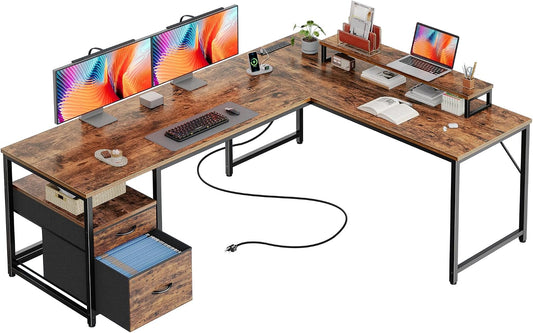 63 Inch L Shaped Desk with Power Outlets and USB-C Port, Computer Corner Home Office Desk with File Fabric Drawers and Movable Monitor Stand, Larger Storage, Gaming, Writing, Rustic Brown