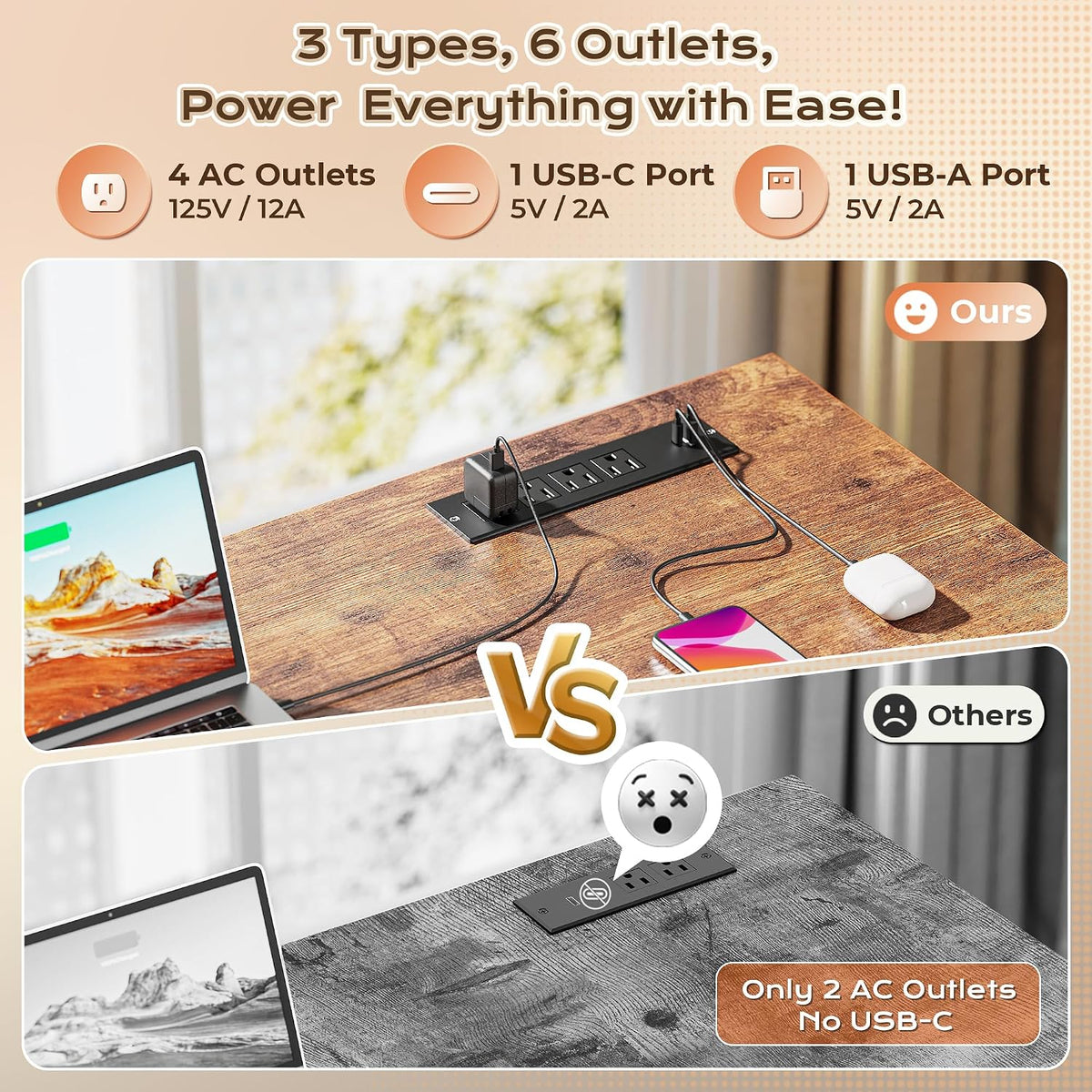 63 Inch L Shaped Desk with Power Outlets and USB-C Port, Computer Corner Home Office Desk with File Fabric Drawers and Movable Monitor Stand, Larger Storage, Gaming, Writing, Rustic Brown