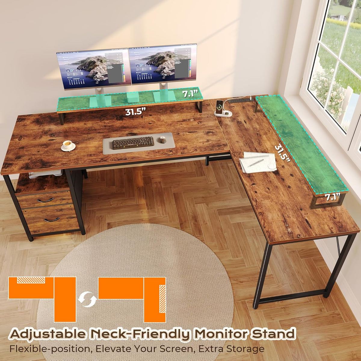 63 Inch L Shaped Desk with Power Outlets and USB-C Port, Computer Corner Home Office Desk with File Fabric Drawers and Movable Monitor Stand, Larger Storage, Gaming, Writing, Rustic Brown