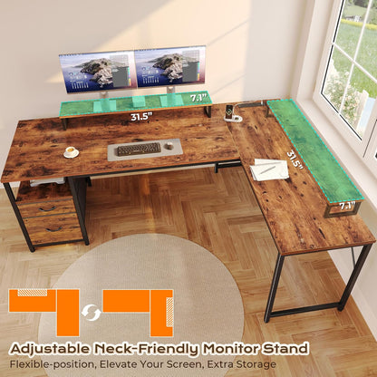 63 Inch L Shaped Desk with Power Outlets and USB-C Port, Computer Corner Home Office Desk with File Fabric Drawers and Movable Monitor Stand, Larger Storage, Gaming, Writing, Rustic Brown