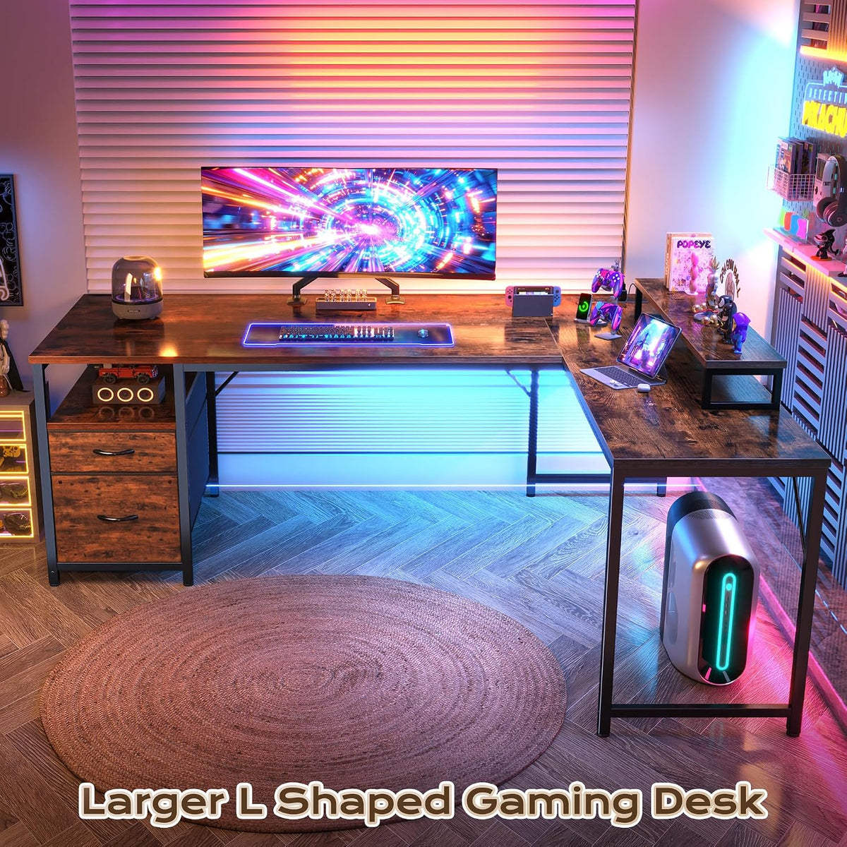 63 Inch L Shaped Desk with Power Outlets and USB-C Port, Computer Corner Home Office Desk with File Fabric Drawers and Movable Monitor Stand, Larger Storage, Gaming, Writing, Rustic Brown
