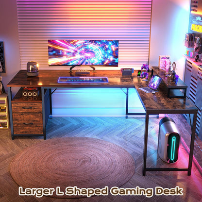 63 Inch L Shaped Desk with Power Outlets and USB-C Port, Computer Corner Home Office Desk with File Fabric Drawers and Movable Monitor Stand, Larger Storage, Gaming, Writing, Rustic Brown