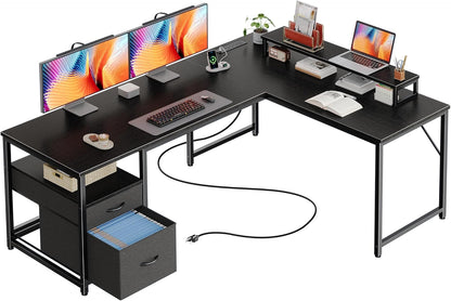 63 Inch L Shaped Desk with Power Outlets and USB-C Port, Computer Corner Home Office Desk with File Fabric Drawers and Movable Monitor Stand, Larger Storage, Gaming, Writing, Rustic Brown