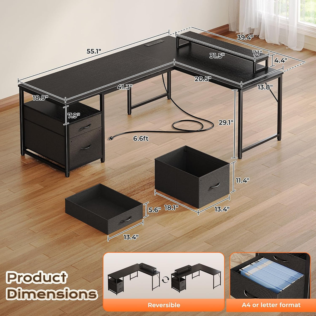 63 Inch L Shaped Desk with Power Outlets and USB-C Port, Computer Corner Home Office Desk with File Fabric Drawers and Movable Monitor Stand, Larger Storage, Gaming, Writing, Rustic Brown