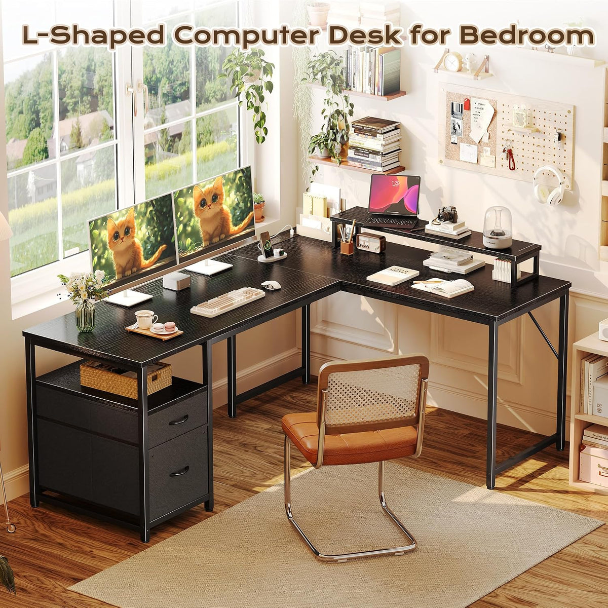 63 Inch L Shaped Desk with Power Outlets and USB-C Port, Computer Corner Home Office Desk with File Fabric Drawers and Movable Monitor Stand, Larger Storage, Gaming, Writing, Rustic Brown