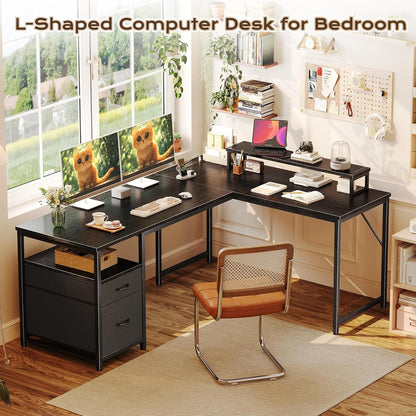 63 Inch L Shaped Desk with Power Outlets and USB-C Port, Computer Corner Home Office Desk with File Fabric Drawers and Movable Monitor Stand, Larger Storage, Gaming, Writing, Rustic Brown