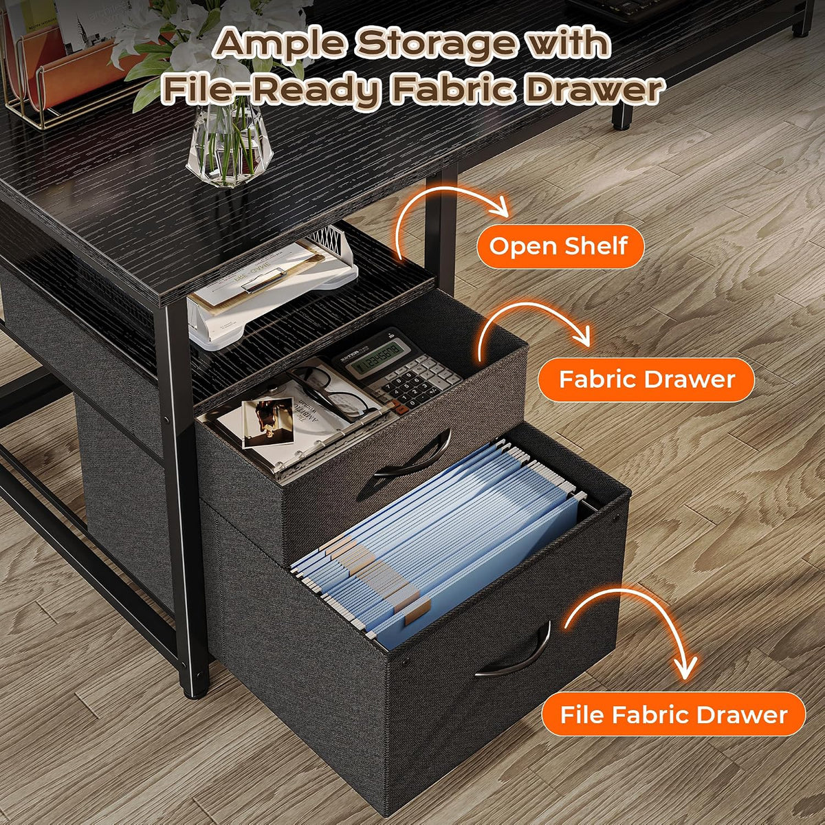63 Inch L Shaped Desk with Power Outlets and USB-C Port, Computer Corner Home Office Desk with File Fabric Drawers and Movable Monitor Stand, Larger Storage, Gaming, Writing, Rustic Brown