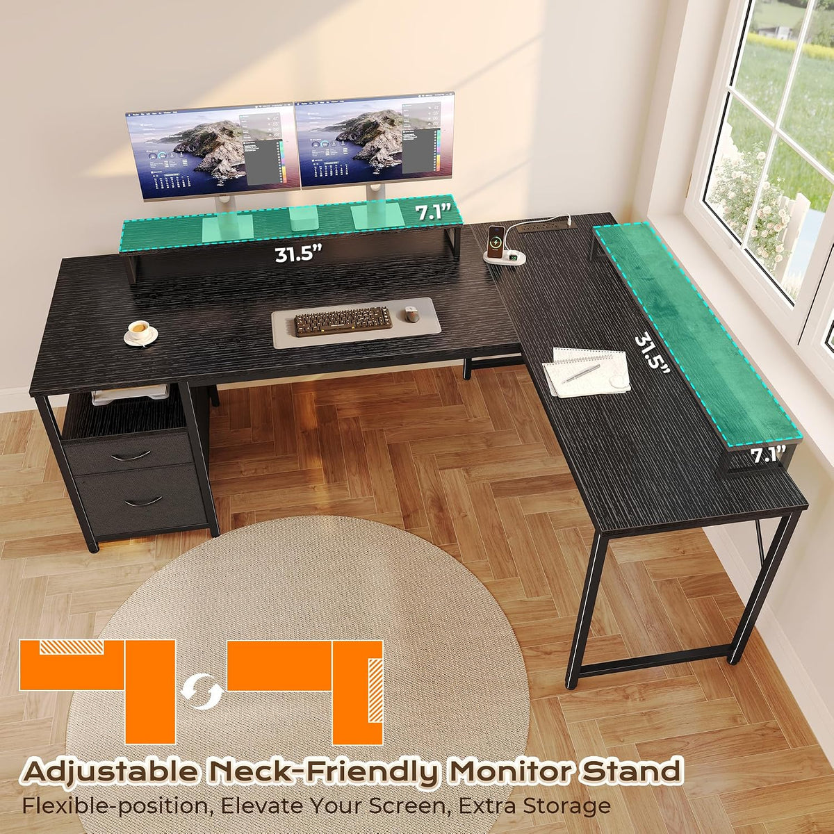 63 Inch L Shaped Desk with Power Outlets and USB-C Port, Computer Corner Home Office Desk with File Fabric Drawers and Movable Monitor Stand, Larger Storage, Gaming, Writing, Rustic Brown