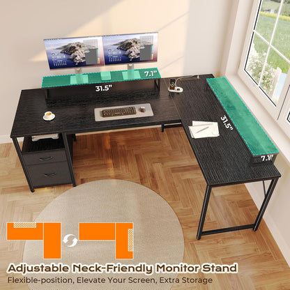 63 Inch L Shaped Desk with Power Outlets and USB-C Port, Computer Corner Home Office Desk with File Fabric Drawers and Movable Monitor Stand, Larger Storage, Gaming, Writing, Rustic Brown