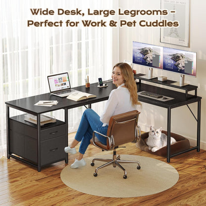 63 Inch L Shaped Desk with Power Outlets and USB-C Port, Computer Corner Home Office Desk with File Fabric Drawers and Movable Monitor Stand, Larger Storage, Gaming, Writing, Rustic Brown