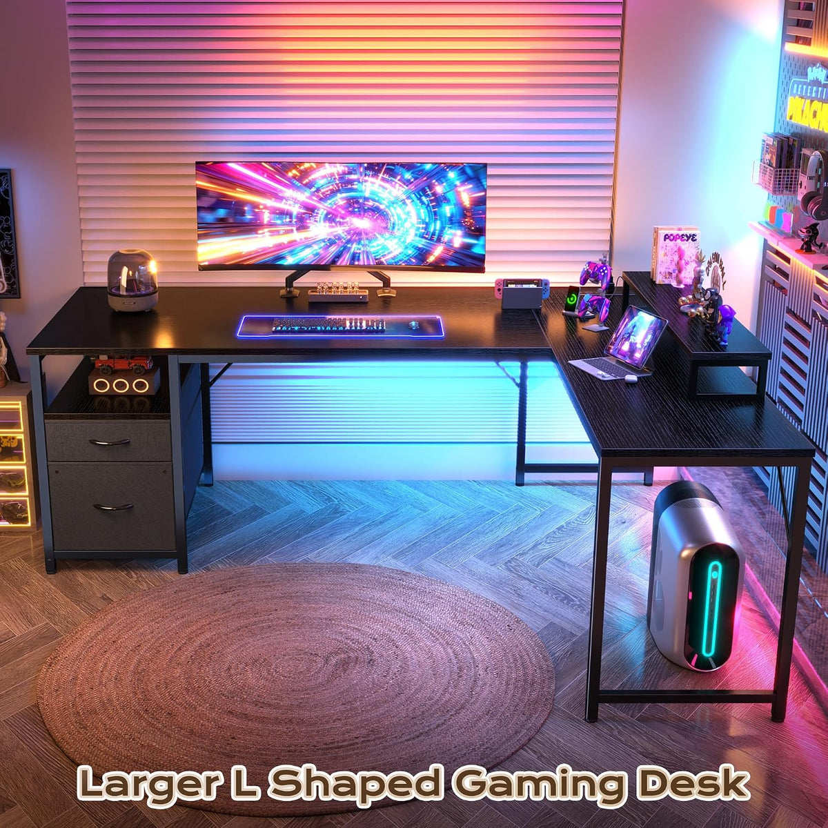 63 Inch L Shaped Desk with Power Outlets and USB-C Port, Computer Corner Home Office Desk with File Fabric Drawers and Movable Monitor Stand, Larger Storage, Gaming, Writing, Rustic Brown