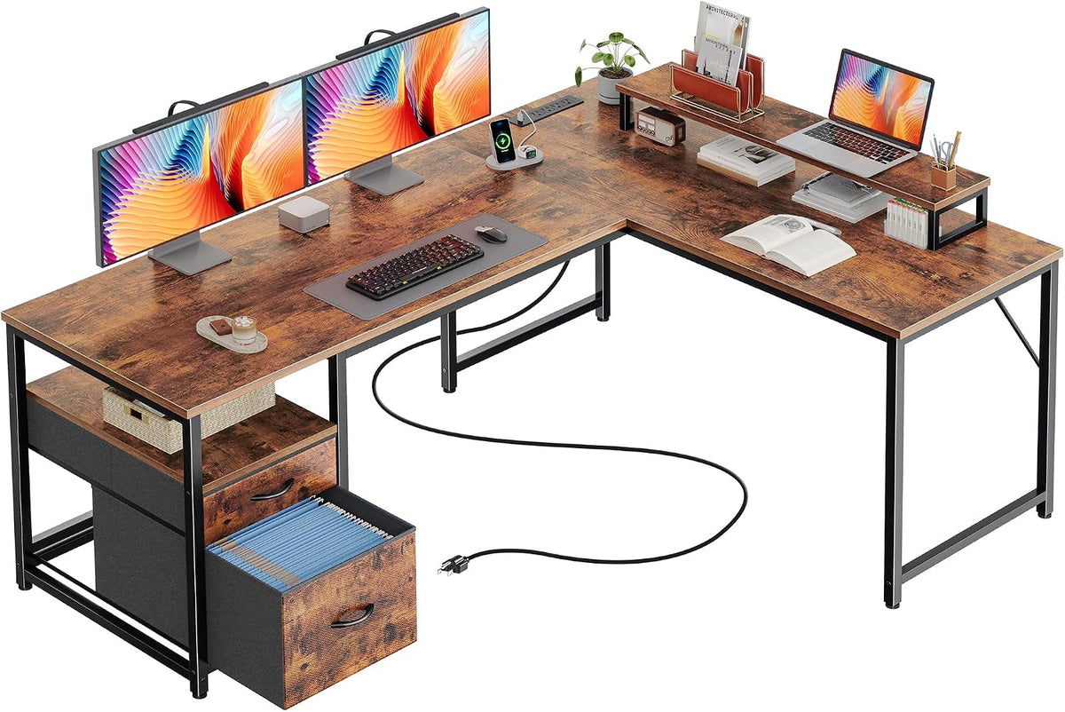 63 Inch L Shaped Desk with Power Outlets and USB-C Port, Computer Corner Home Office Desk with File Fabric Drawers and Movable Monitor Stand, Larger Storage, Gaming, Writing, Rustic Brown
