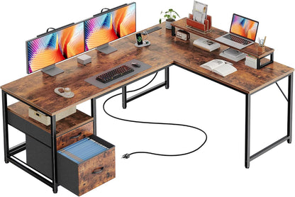63 Inch L Shaped Desk with Power Outlets and USB-C Port, Computer Corner Home Office Desk with File Fabric Drawers and Movable Monitor Stand, Larger Storage, Gaming, Writing, Rustic Brown