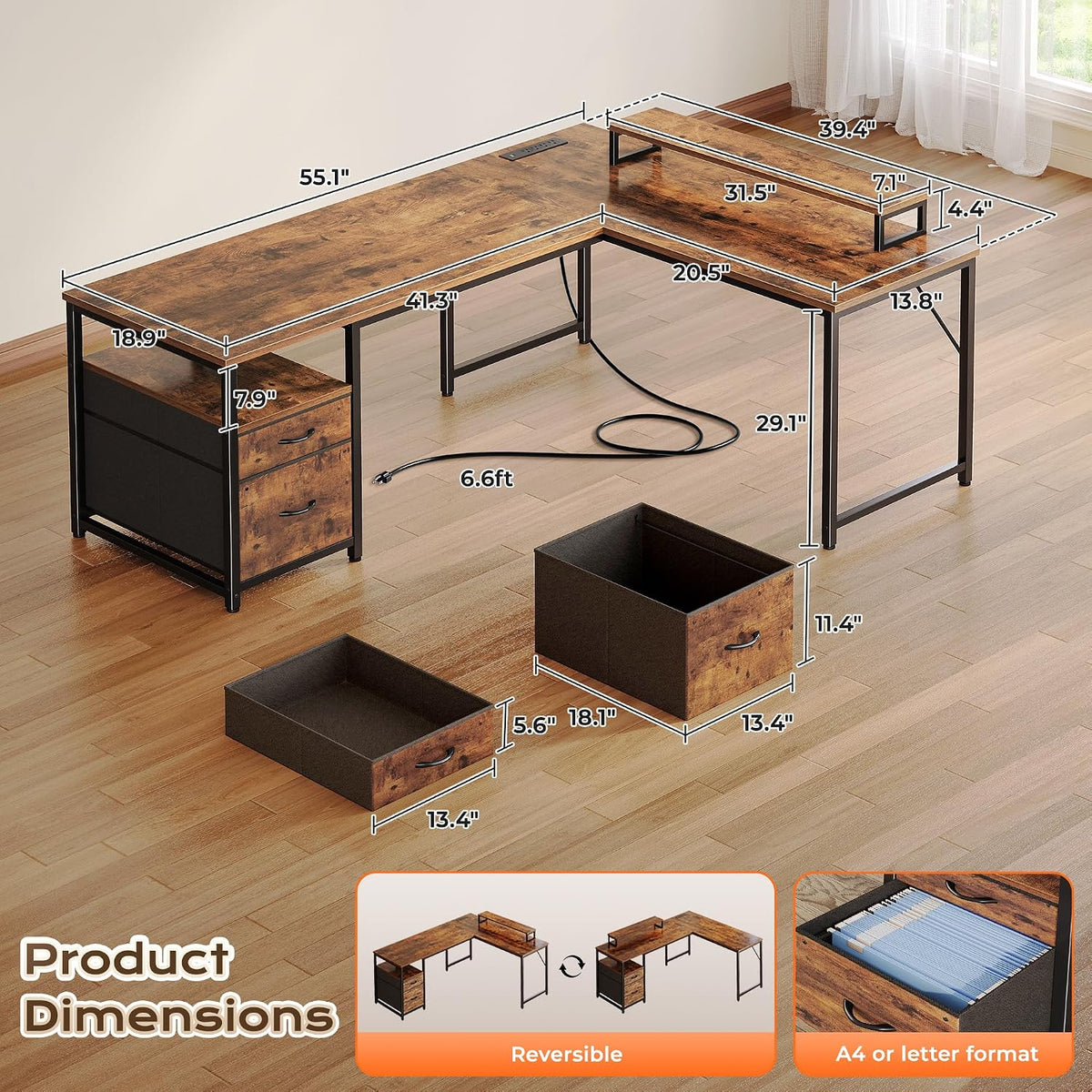 63 Inch L Shaped Desk with Power Outlets and USB-C Port, Computer Corner Home Office Desk with File Fabric Drawers and Movable Monitor Stand, Larger Storage, Gaming, Writing, Rustic Brown