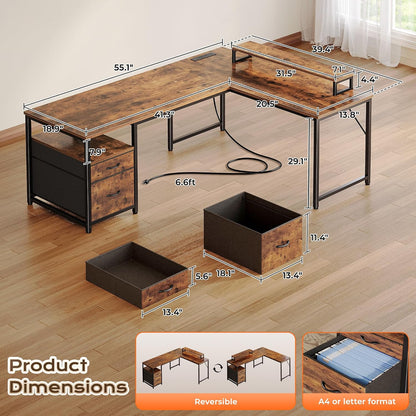63 Inch L Shaped Desk with Power Outlets and USB-C Port, Computer Corner Home Office Desk with File Fabric Drawers and Movable Monitor Stand, Larger Storage, Gaming, Writing, Rustic Brown
