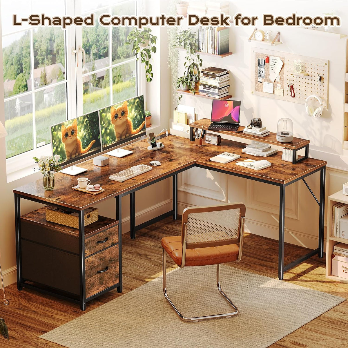63 Inch L Shaped Desk with Power Outlets and USB-C Port, Computer Corner Home Office Desk with File Fabric Drawers and Movable Monitor Stand, Larger Storage, Gaming, Writing, Rustic Brown