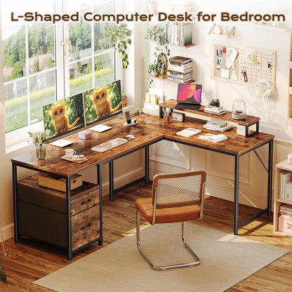 63 Inch L Shaped Desk with Power Outlets and USB-C Port, Computer Corner Home Office Desk with File Fabric Drawers and Movable Monitor Stand, Larger Storage, Gaming, Writing, Rustic Brown