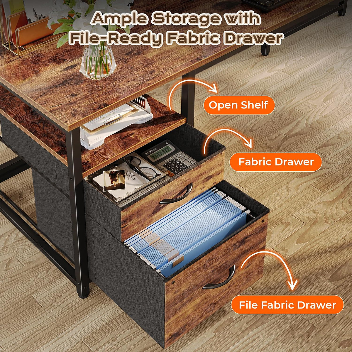 63 Inch L Shaped Desk with Power Outlets and USB-C Port, Computer Corner Home Office Desk with File Fabric Drawers and Movable Monitor Stand, Larger Storage, Gaming, Writing, Rustic Brown