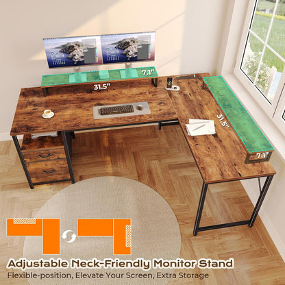 63 Inch L Shaped Desk with Power Outlets and USB-C Port, Computer Corner Home Office Desk with File Fabric Drawers and Movable Monitor Stand, Larger Storage, Gaming, Writing, Rustic Brown