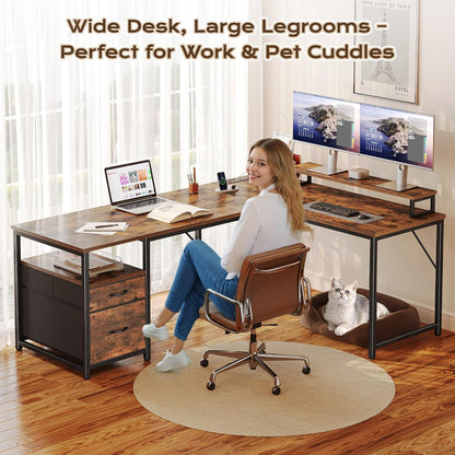 63 Inch L Shaped Desk with Power Outlets and USB-C Port, Computer Corner Home Office Desk with File Fabric Drawers and Movable Monitor Stand, Larger Storage, Gaming, Writing, Rustic Brown