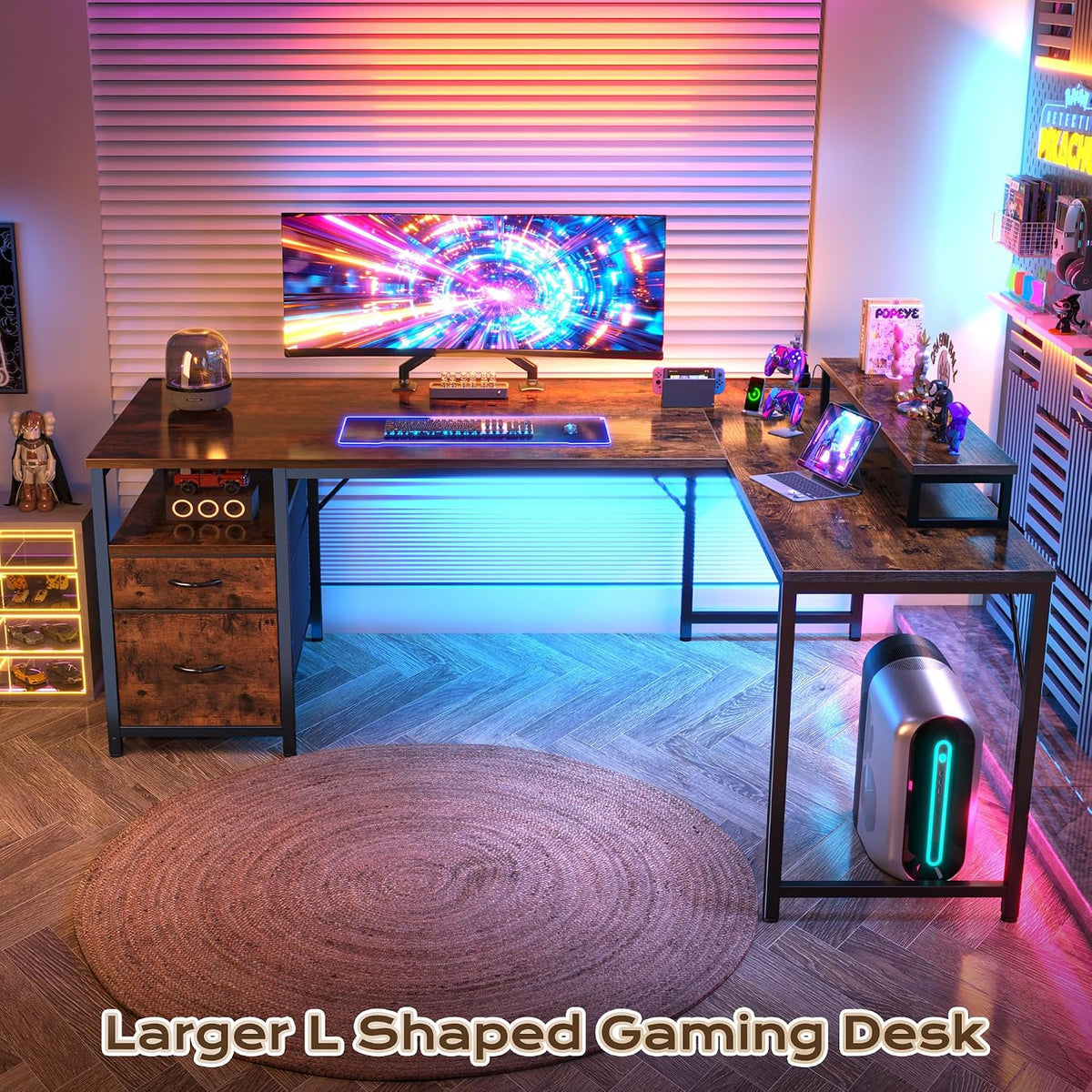 63 Inch L Shaped Desk with Power Outlets and USB-C Port, Computer Corner Home Office Desk with File Fabric Drawers and Movable Monitor Stand, Larger Storage, Gaming, Writing, Rustic Brown